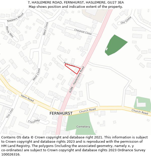 7, HASLEMERE ROAD, FERNHURST, HASLEMERE, GU27 3EA: Location map and indicative extent of plot