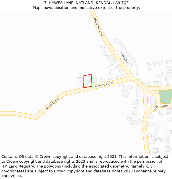 7, HAWES LANE, NATLAND, KENDAL, LA9 7QF: Location map and indicative extent of plot