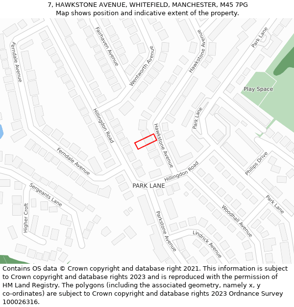 7, HAWKSTONE AVENUE, WHITEFIELD, MANCHESTER, M45 7PG: Location map and indicative extent of plot