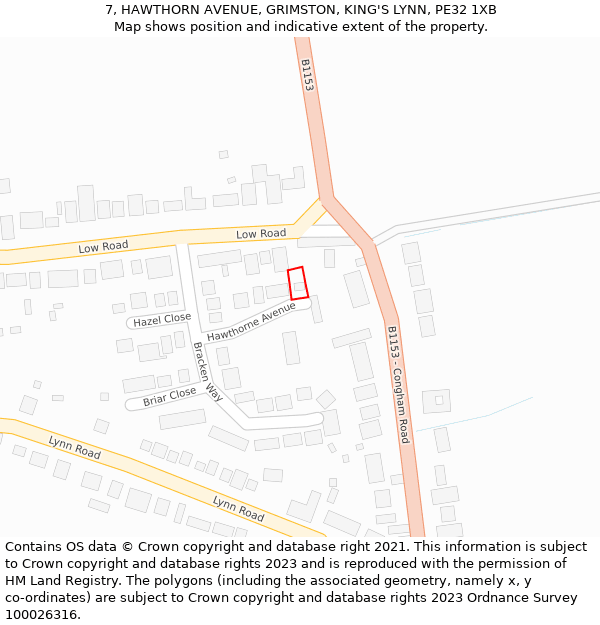 7, HAWTHORN AVENUE, GRIMSTON, KING'S LYNN, PE32 1XB: Location map and indicative extent of plot