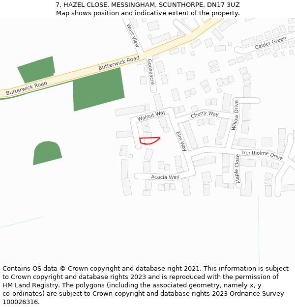 7, HAZEL CLOSE, MESSINGHAM, SCUNTHORPE, DN17 3UZ: Location map and indicative extent of plot