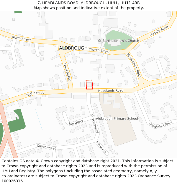 7, HEADLANDS ROAD, ALDBROUGH, HULL, HU11 4RR: Location map and indicative extent of plot