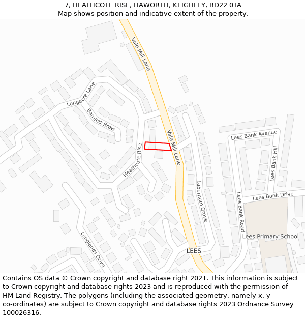 7, HEATHCOTE RISE, HAWORTH, KEIGHLEY, BD22 0TA: Location map and indicative extent of plot