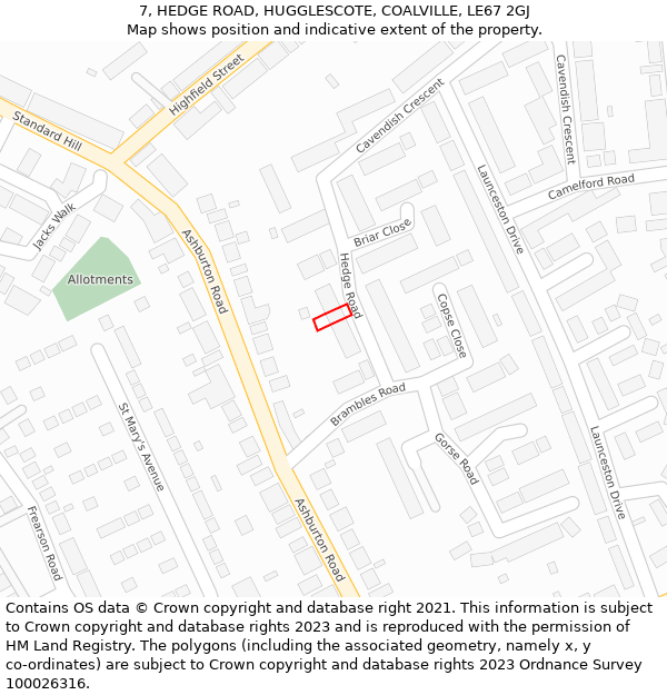 7, HEDGE ROAD, HUGGLESCOTE, COALVILLE, LE67 2GJ: Location map and indicative extent of plot