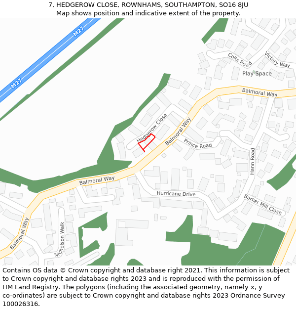 7, HEDGEROW CLOSE, ROWNHAMS, SOUTHAMPTON, SO16 8JU: Location map and indicative extent of plot