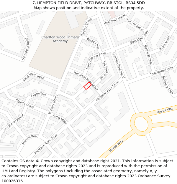 7, HEMPTON FIELD DRIVE, PATCHWAY, BRISTOL, BS34 5DD: Location map and indicative extent of plot