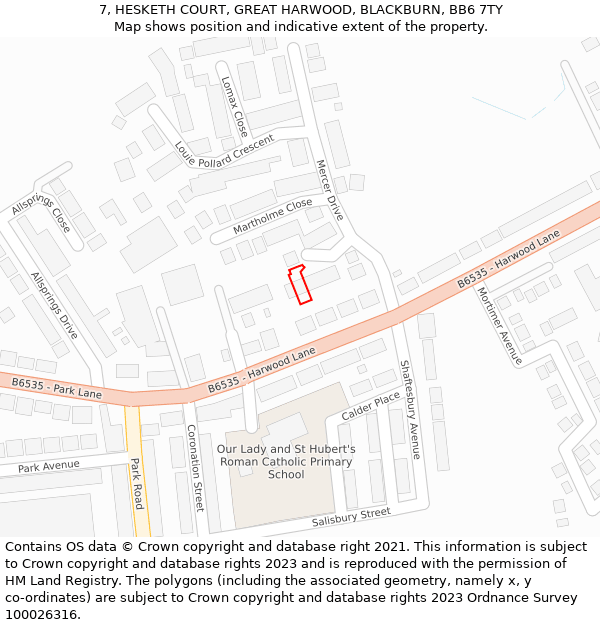 7, HESKETH COURT, GREAT HARWOOD, BLACKBURN, BB6 7TY: Location map and indicative extent of plot