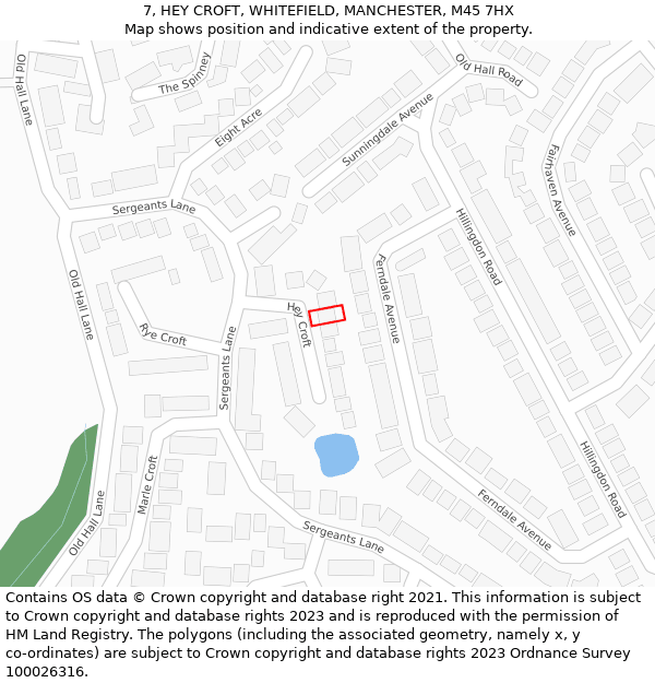 7, HEY CROFT, WHITEFIELD, MANCHESTER, M45 7HX: Location map and indicative extent of plot