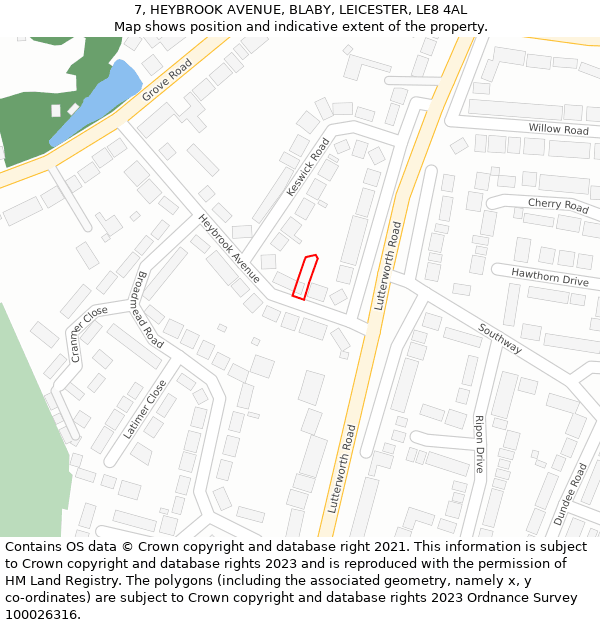 7, HEYBROOK AVENUE, BLABY, LEICESTER, LE8 4AL: Location map and indicative extent of plot