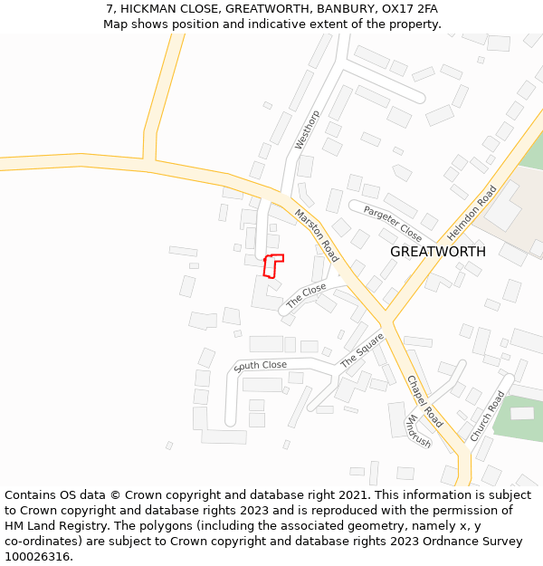 7, HICKMAN CLOSE, GREATWORTH, BANBURY, OX17 2FA: Location map and indicative extent of plot