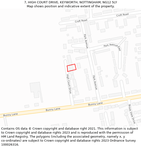 7, HIGH COURT DRIVE, KEYWORTH, NOTTINGHAM, NG12 5LY: Location map and indicative extent of plot