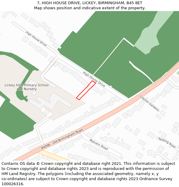 7, HIGH HOUSE DRIVE, LICKEY, BIRMINGHAM, B45 8ET: Location map and indicative extent of plot