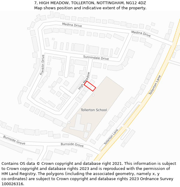 7, HIGH MEADOW, TOLLERTON, NOTTINGHAM, NG12 4DZ: Location map and indicative extent of plot