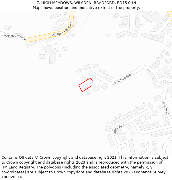 7, HIGH MEADOWS, WILSDEN, BRADFORD, BD15 0HN: Location map and indicative extent of plot