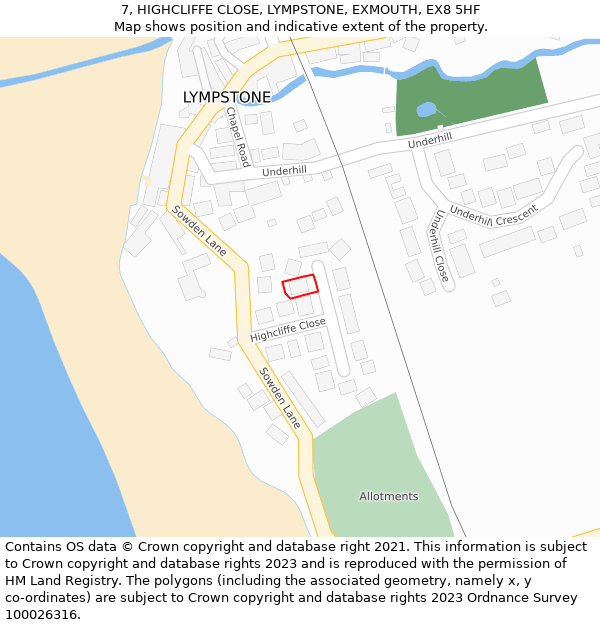 7, HIGHCLIFFE CLOSE, LYMPSTONE, EXMOUTH, EX8 5HF: Location map and indicative extent of plot