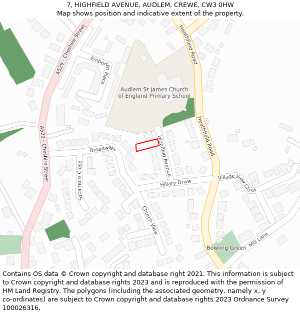 7, HIGHFIELD AVENUE, AUDLEM, CREWE, CW3 0HW: Location map and indicative extent of plot