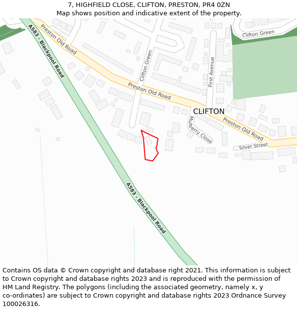 7, HIGHFIELD CLOSE, CLIFTON, PRESTON, PR4 0ZN: Location map and indicative extent of plot