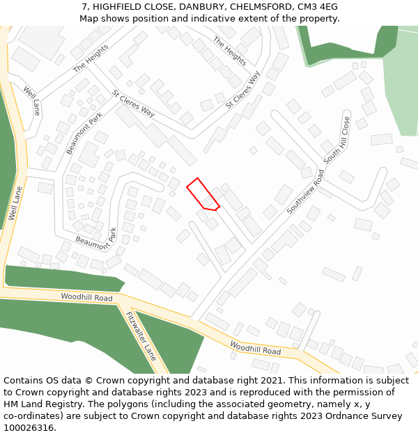 7, HIGHFIELD CLOSE, DANBURY, CHELMSFORD, CM3 4EG: Location map and indicative extent of plot