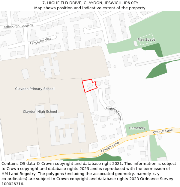 7, HIGHFIELD DRIVE, CLAYDON, IPSWICH, IP6 0EY: Location map and indicative extent of plot