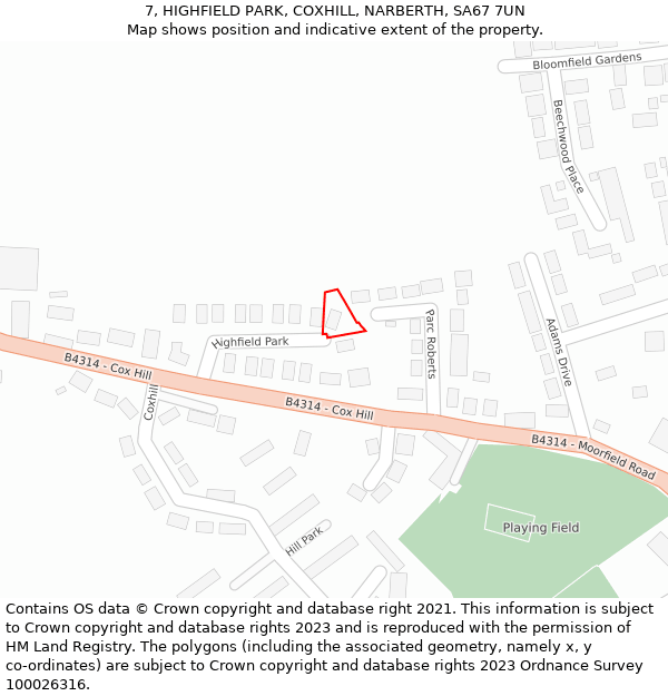 7, HIGHFIELD PARK, COXHILL, NARBERTH, SA67 7UN: Location map and indicative extent of plot