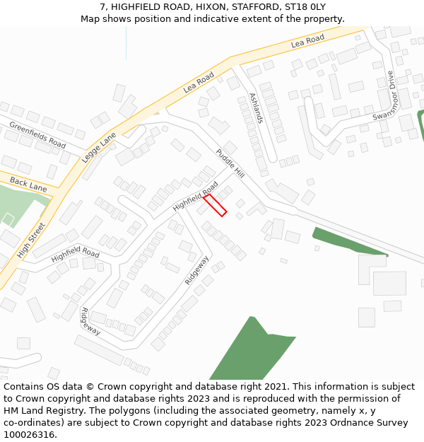 7, HIGHFIELD ROAD, HIXON, STAFFORD, ST18 0LY: Location map and indicative extent of plot