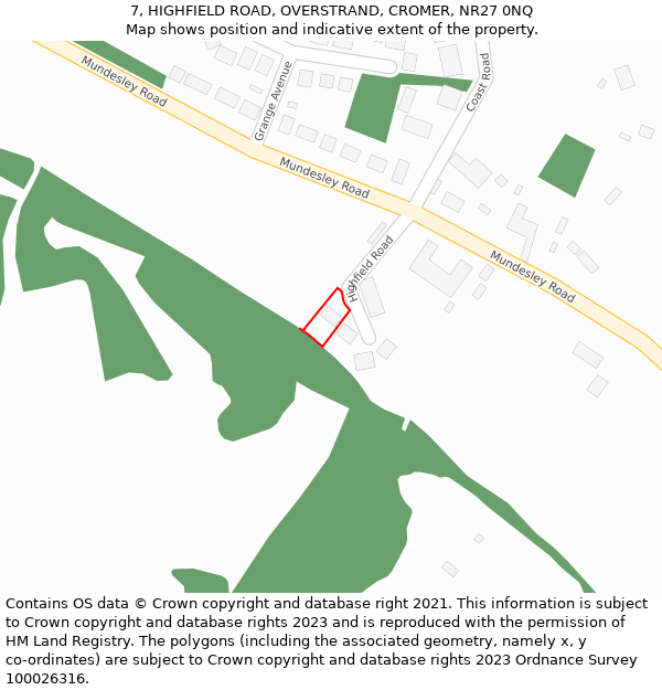 7, HIGHFIELD ROAD, OVERSTRAND, CROMER, NR27 0NQ: Location map and indicative extent of plot