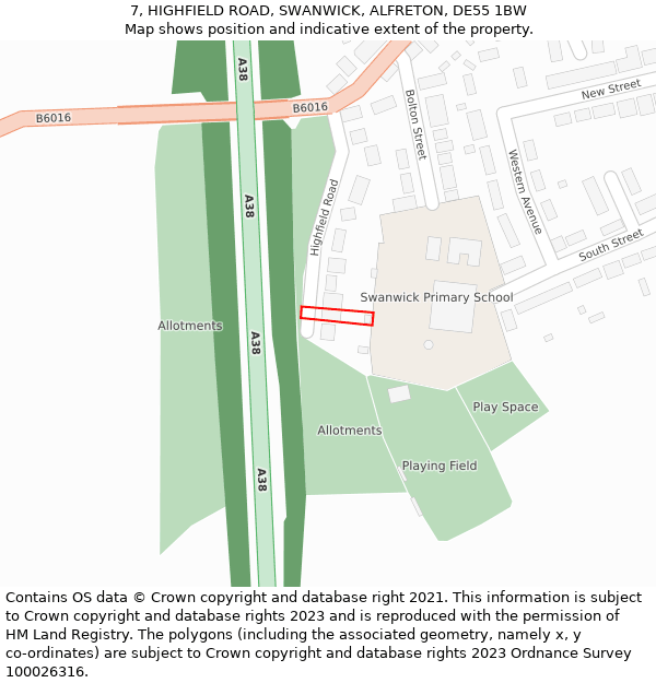 7, HIGHFIELD ROAD, SWANWICK, ALFRETON, DE55 1BW: Location map and indicative extent of plot