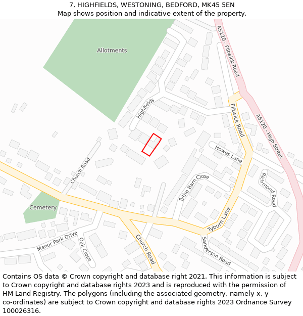 7, HIGHFIELDS, WESTONING, BEDFORD, MK45 5EN: Location map and indicative extent of plot