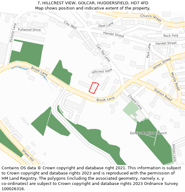 7, HILLCREST VIEW, GOLCAR, HUDDERSFIELD, HD7 4FD: Location map and indicative extent of plot