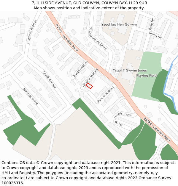 7, HILLSIDE AVENUE, OLD COLWYN, COLWYN BAY, LL29 9UB: Location map and indicative extent of plot