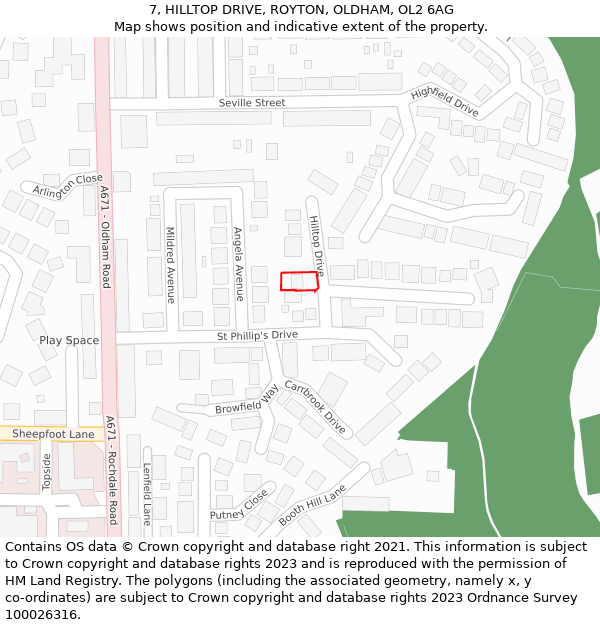 7, HILLTOP DRIVE, ROYTON, OLDHAM, OL2 6AG: Location map and indicative extent of plot