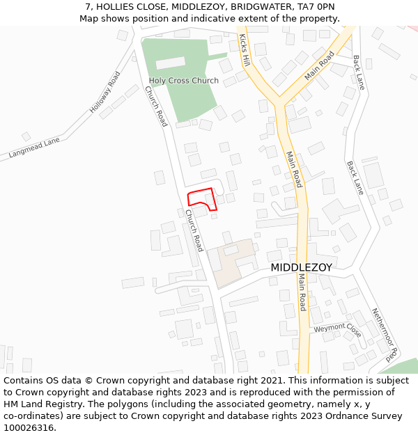 7, HOLLIES CLOSE, MIDDLEZOY, BRIDGWATER, TA7 0PN: Location map and indicative extent of plot