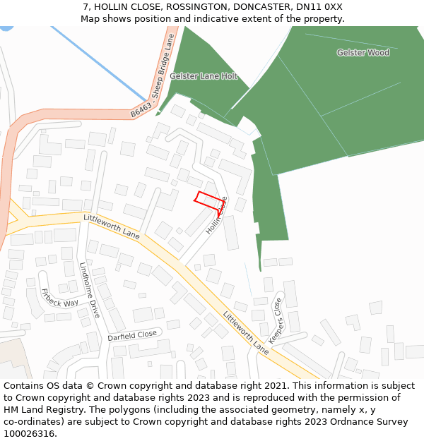 7, HOLLIN CLOSE, ROSSINGTON, DONCASTER, DN11 0XX: Location map and indicative extent of plot