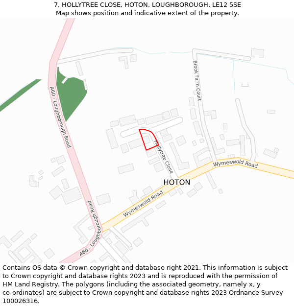 7, HOLLYTREE CLOSE, HOTON, LOUGHBOROUGH, LE12 5SE: Location map and indicative extent of plot