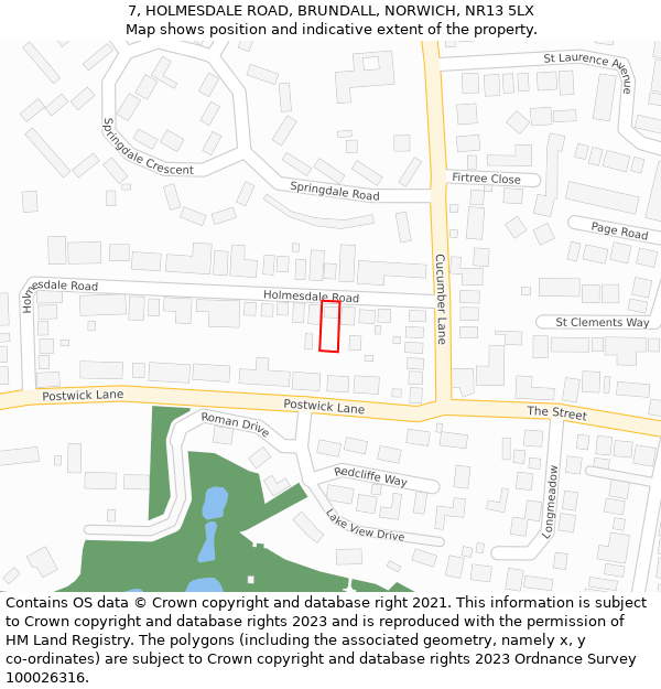 7, HOLMESDALE ROAD, BRUNDALL, NORWICH, NR13 5LX: Location map and indicative extent of plot