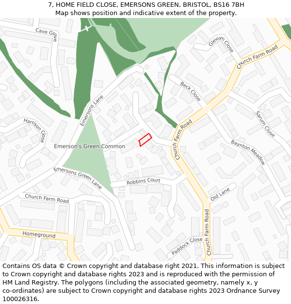 7, HOME FIELD CLOSE, EMERSONS GREEN, BRISTOL, BS16 7BH: Location map and indicative extent of plot