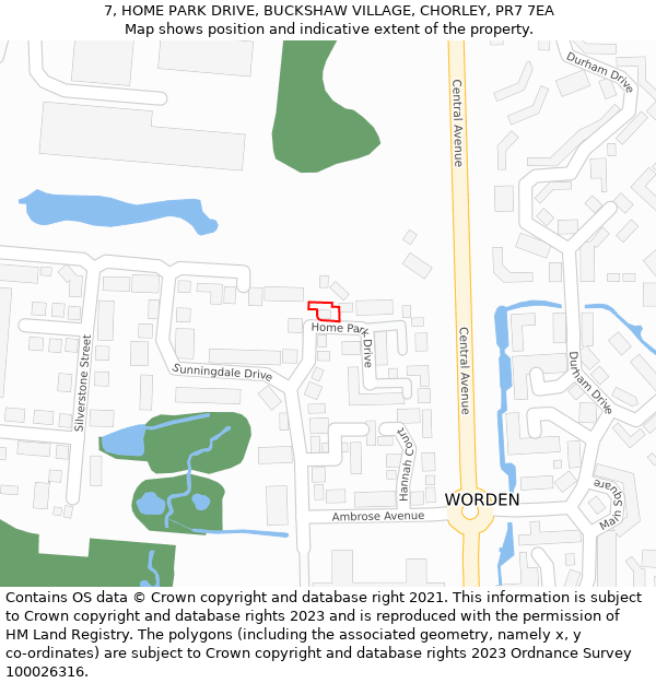 7, HOME PARK DRIVE, BUCKSHAW VILLAGE, CHORLEY, PR7 7EA: Location map and indicative extent of plot