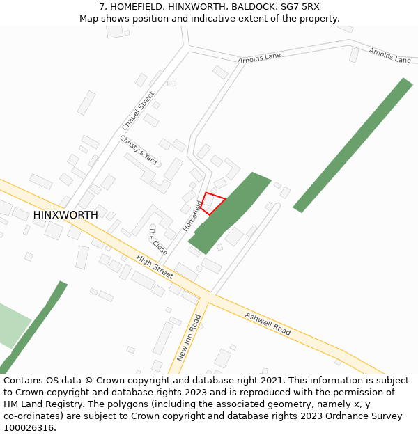 7, HOMEFIELD, HINXWORTH, BALDOCK, SG7 5RX: Location map and indicative extent of plot