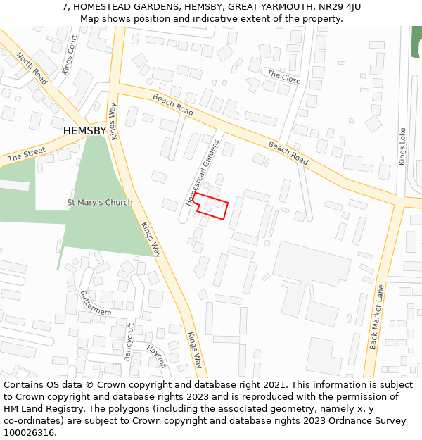 7, HOMESTEAD GARDENS, HEMSBY, GREAT YARMOUTH, NR29 4JU: Location map and indicative extent of plot