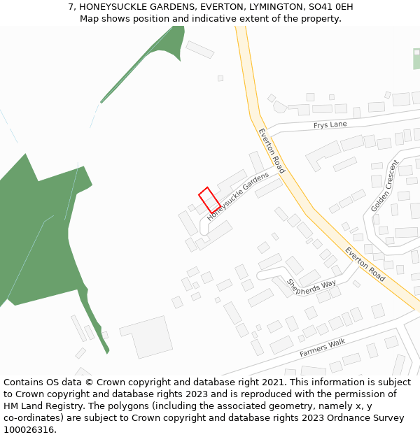 7, HONEYSUCKLE GARDENS, EVERTON, LYMINGTON, SO41 0EH: Location map and indicative extent of plot