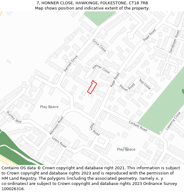 7, HONNER CLOSE, HAWKINGE, FOLKESTONE, CT18 7RB: Location map and indicative extent of plot