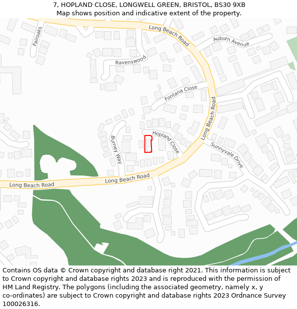 7, HOPLAND CLOSE, LONGWELL GREEN, BRISTOL, BS30 9XB: Location map and indicative extent of plot