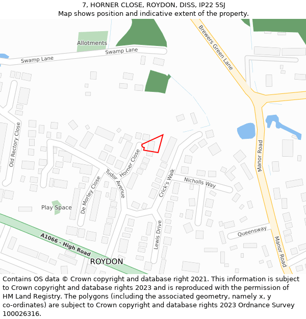 7, HORNER CLOSE, ROYDON, DISS, IP22 5SJ: Location map and indicative extent of plot