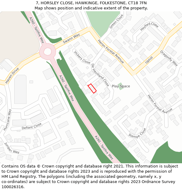 7, HORSLEY CLOSE, HAWKINGE, FOLKESTONE, CT18 7FN: Location map and indicative extent of plot