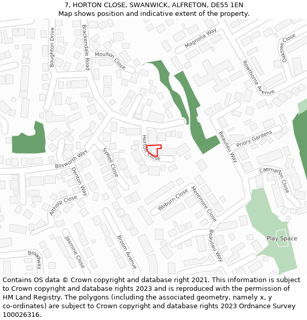 7, HORTON CLOSE, SWANWICK, ALFRETON, DE55 1EN: Location map and indicative extent of plot