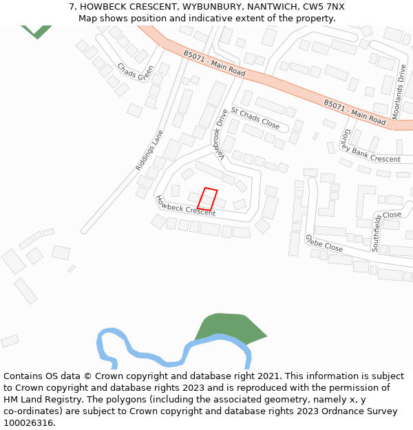 7, HOWBECK CRESCENT, WYBUNBURY, NANTWICH, CW5 7NX: Location map and indicative extent of plot