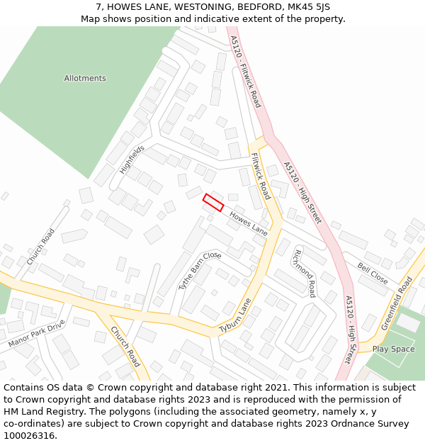 7, HOWES LANE, WESTONING, BEDFORD, MK45 5JS: Location map and indicative extent of plot