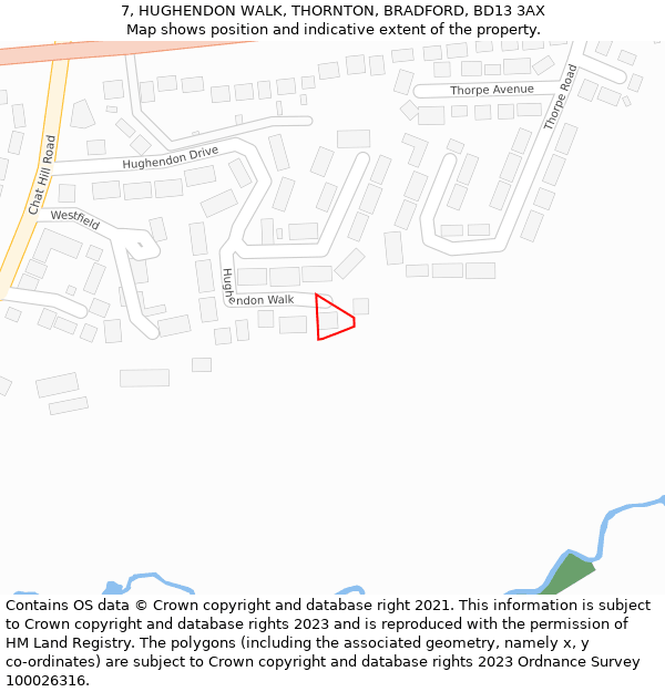 7, HUGHENDON WALK, THORNTON, BRADFORD, BD13 3AX: Location map and indicative extent of plot