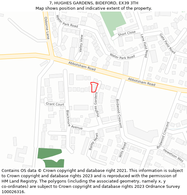 7, HUGHES GARDENS, BIDEFORD, EX39 3TH: Location map and indicative extent of plot