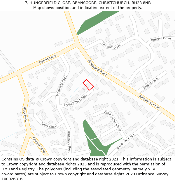 7, HUNGERFIELD CLOSE, BRANSGORE, CHRISTCHURCH, BH23 8NB: Location map and indicative extent of plot